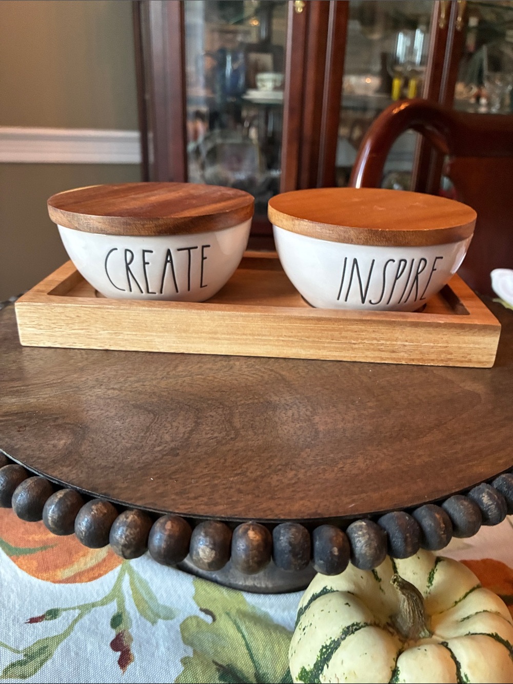 Rae Dunn White Ceramic 'Create' & 'Inspire' Bowls with Wood Lids
